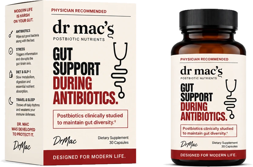 dr mac's Gut Support postbiotic capsules box and bottle